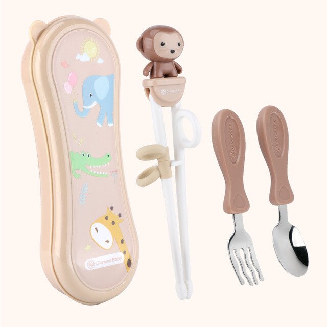 Kids Chopsticks Cartoon Training Children Spoon Fork Set Stainless Steel Kids Eating Utensils Toddler Baby Flatware Accessories: 4 pieces monkey
