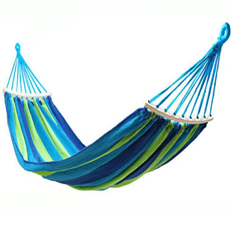 Hamaca de lona portátil para viaje, silla Columpio de madera para pícnic al aire libre, cama colgante de Camping, tienda de campaña a rayas de arco iris: blue with stick / 185x80 single