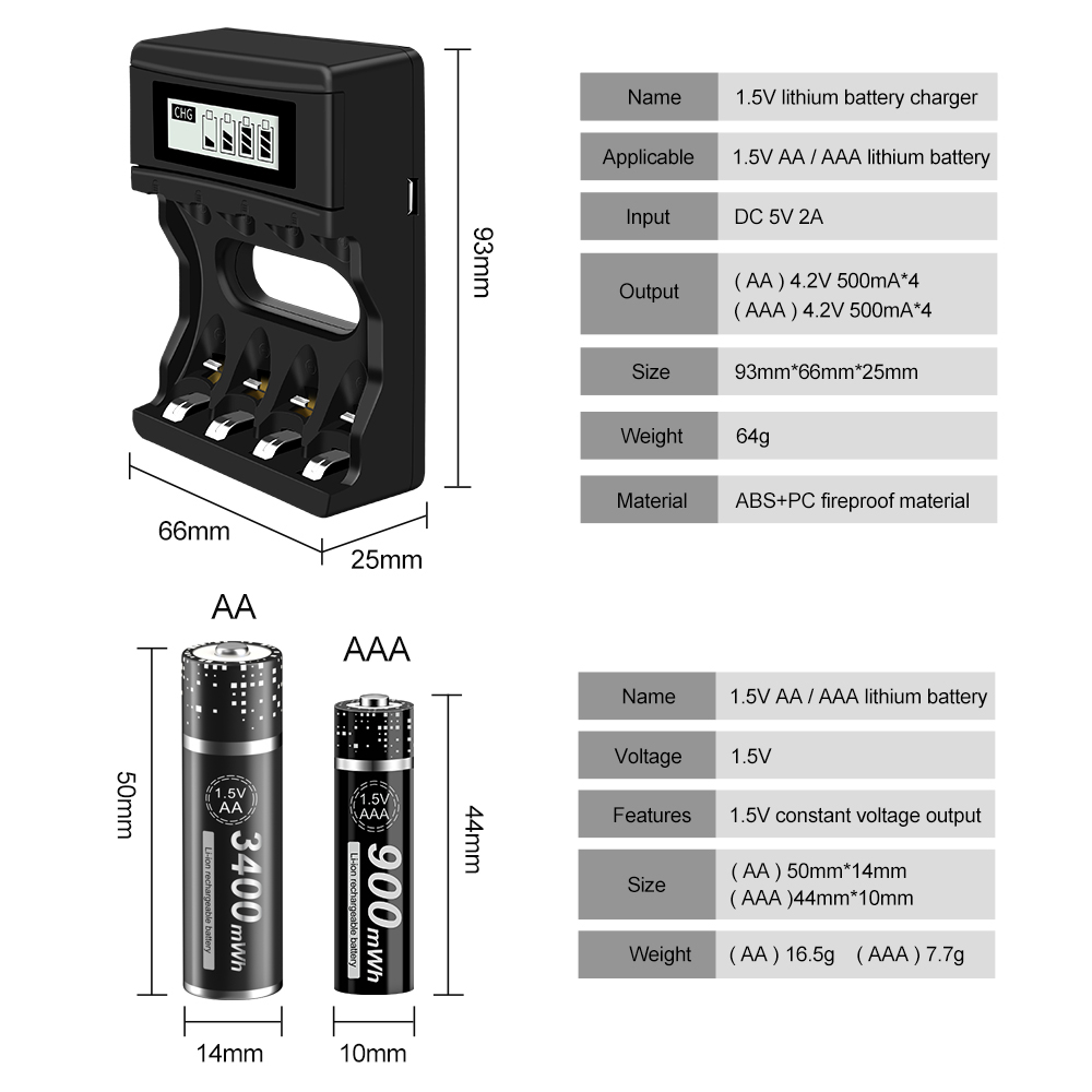PALO-batería recargable de iones de litio, pilas AA y AAA de 1,5 V, R6, R3, cargador inteligente LCD de 4 ranuras