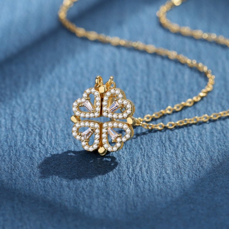 316L Aço Inoxidável Amor Colar Pingente Magnético para Mulheres Colar Trevo Em Forma De Coração Clover Colar Pingente Presente Da Jóia: Cor dourada amarelo claro