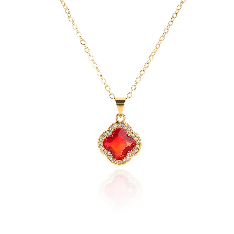 Elegante 24K Gold Clover Anhänger Halskette Für Frauen Chic Glück Gras Schlüsselbein Kette Halsketten: Red