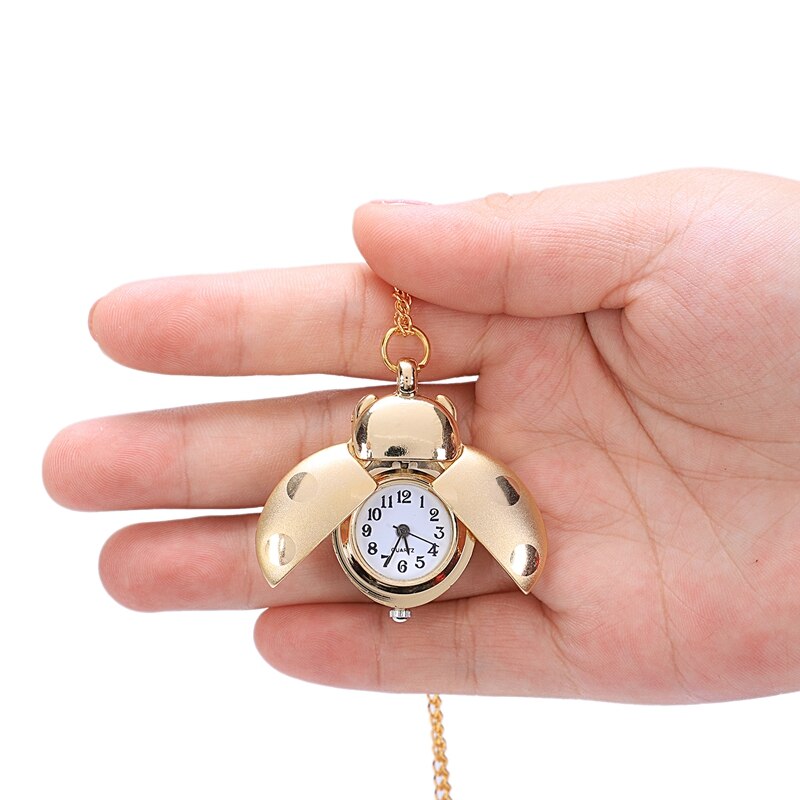 Retro Seven-Star Ladybug Student Pocket Watch Child Watch Cartoon Hanging Clock Black Red Dot Double Open Necklace Fob Watches
