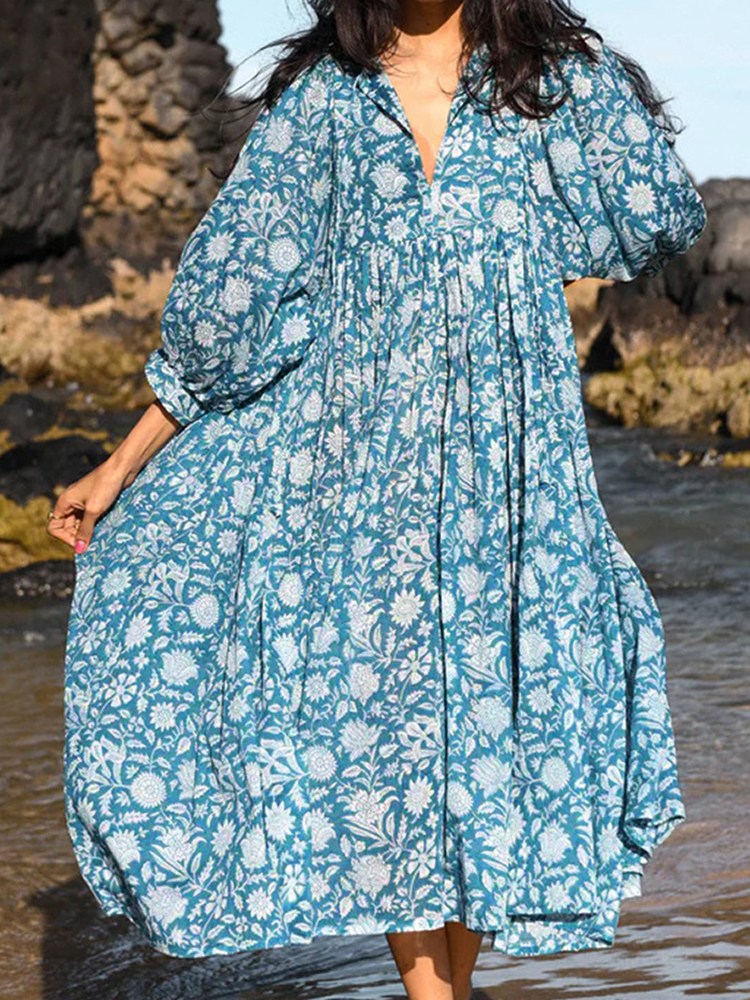 Oversized Casual Loose Dresses Women Summer Floral Printed Long Dresses Lantern Sleeve Boho Beach Dress