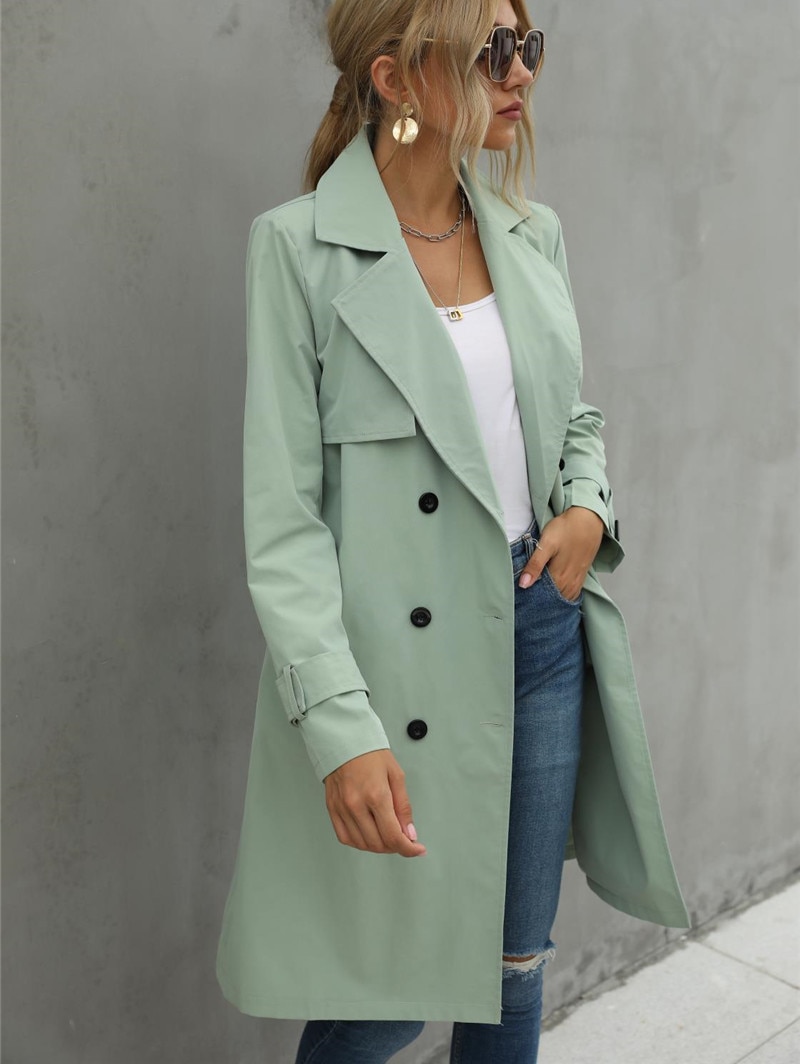 Women Casual Solid Color Coat Adults Autumn Elagant Long Sleeve Lapel NeckDouble Breasted Belted Trench Coat