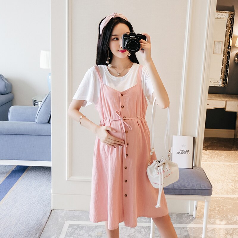 Plus Größe Mutterschaft Kleid Weiß T-Shirt + Leine Gurt Kleider Zwei Stück einstellen Sommer Kleidung für Frauen Solide farbe Schwangere Kleider
