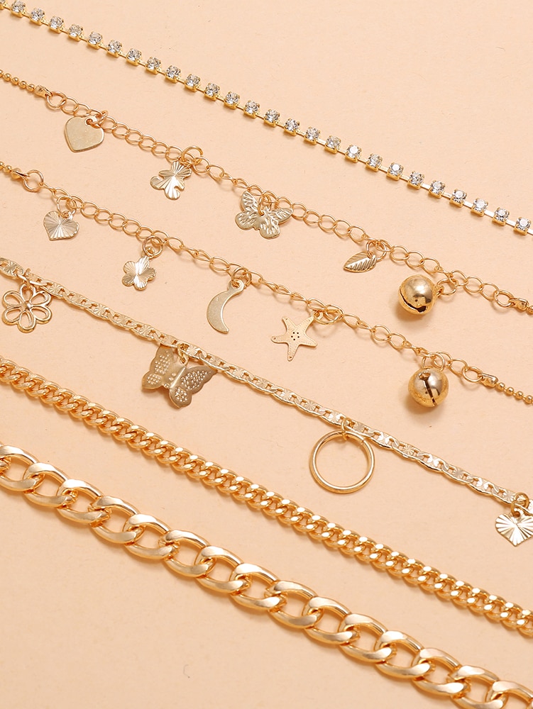 Sindlan 6pz Boho Oro di Cristallo Bracciali Cavigliere per Le Donne Esagerazione Catena di Collegamento con liscio Farfalla stella Delle Ragazze Dei Monili Del Piede