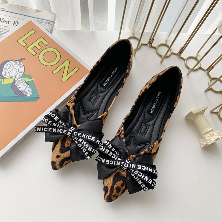 Zapatos planos con lazo grande para mujer, mocasines de punta con estampado de leopardo, informales, para y oficina, Primavera,: Leopard / 39