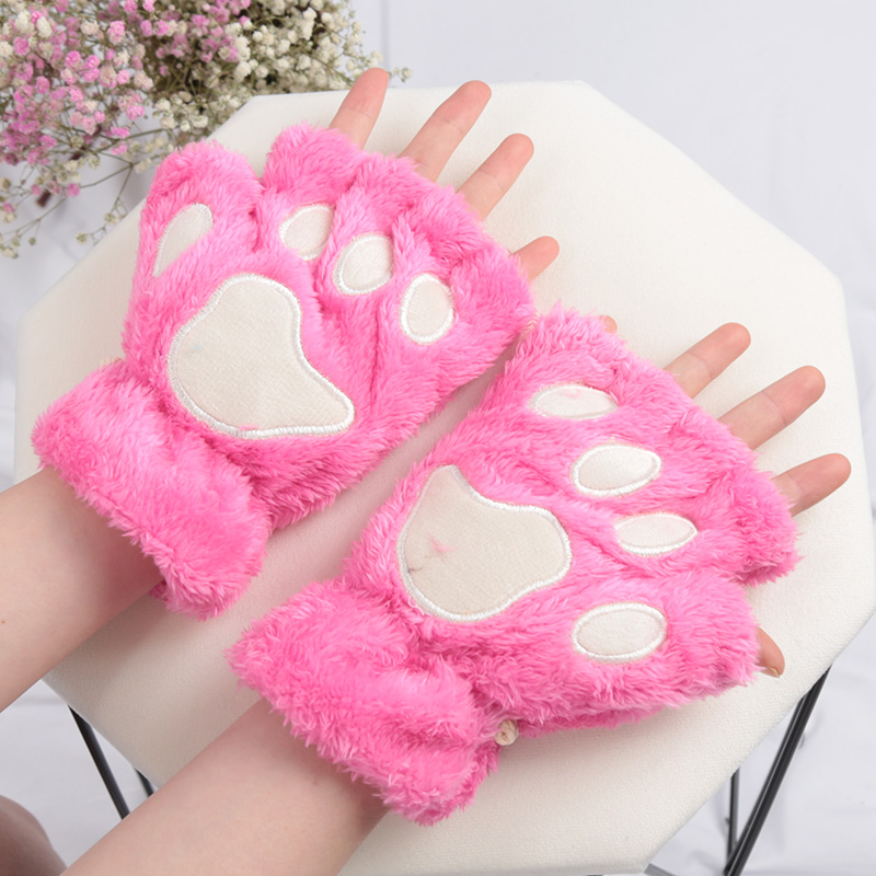 Gants à griffes de chat de dessin animé pour femmes, peluche épaisse, joli Style patte d'ours, doigts exposés, mitaines demi-hiver, gants chauds pour filles: Rose Rouge
