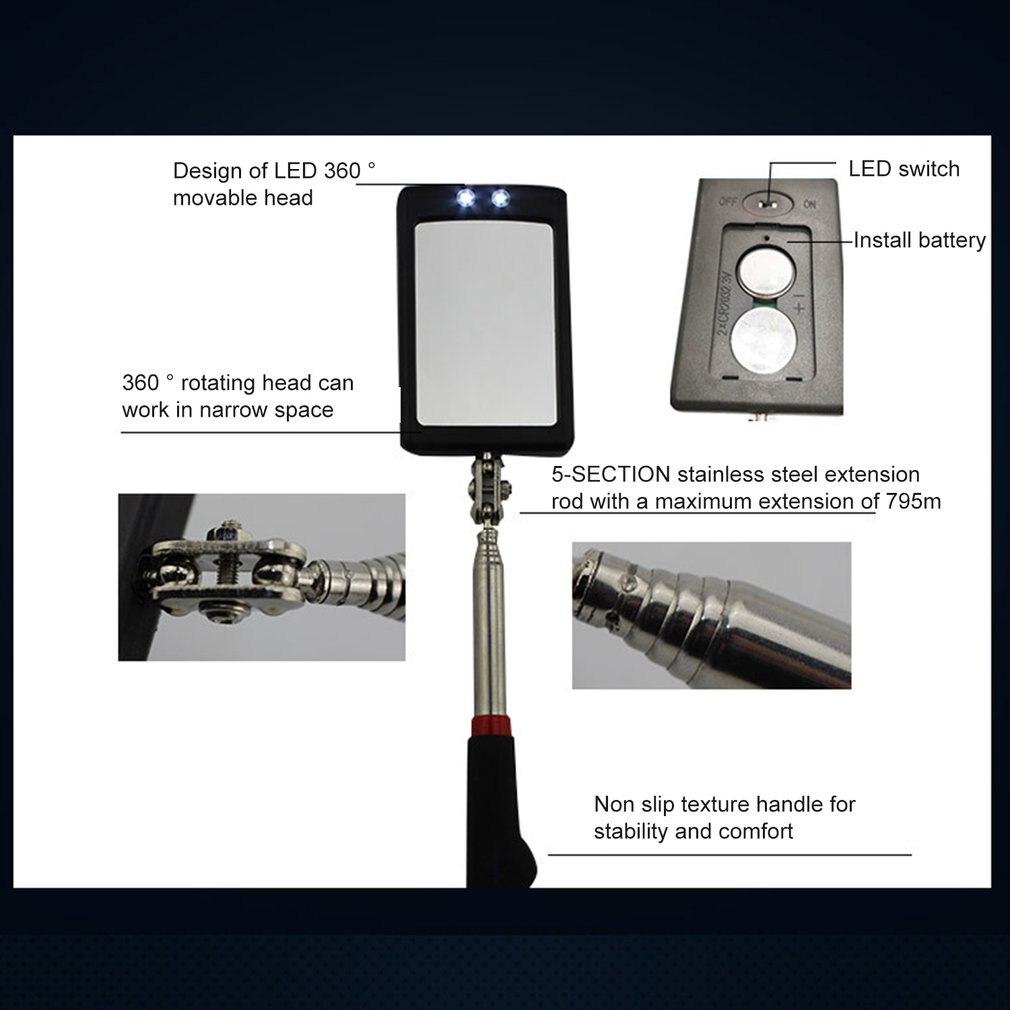 Led Telescopic Nonslip Inner Wall Inspection Mirror Vehicle Bottom Angle View Detection Tool Equipment with Rubber Grip