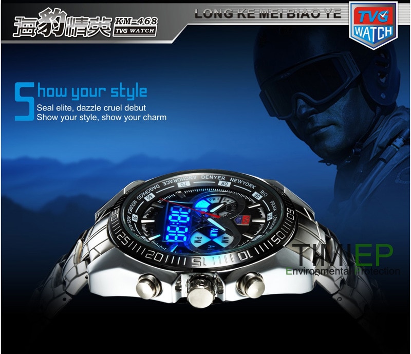Tvg Heren Hight Full Staal Black Men 'S Clock Blue Binary Led Pointer Waterdichte Sport Horloge Mannen часы Мужские