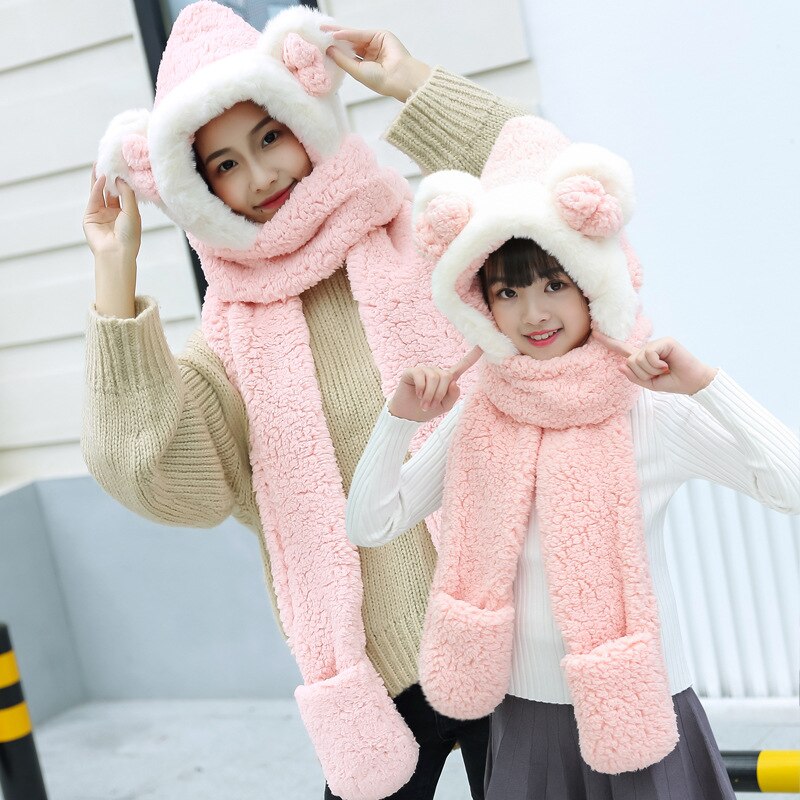 Foux Bomber Hats Women Kids Parent Child Winter Bear Ears Russian Cap Scarf Neck Gloves Snow Warm Baby Boy Girl Ushanka Trooper