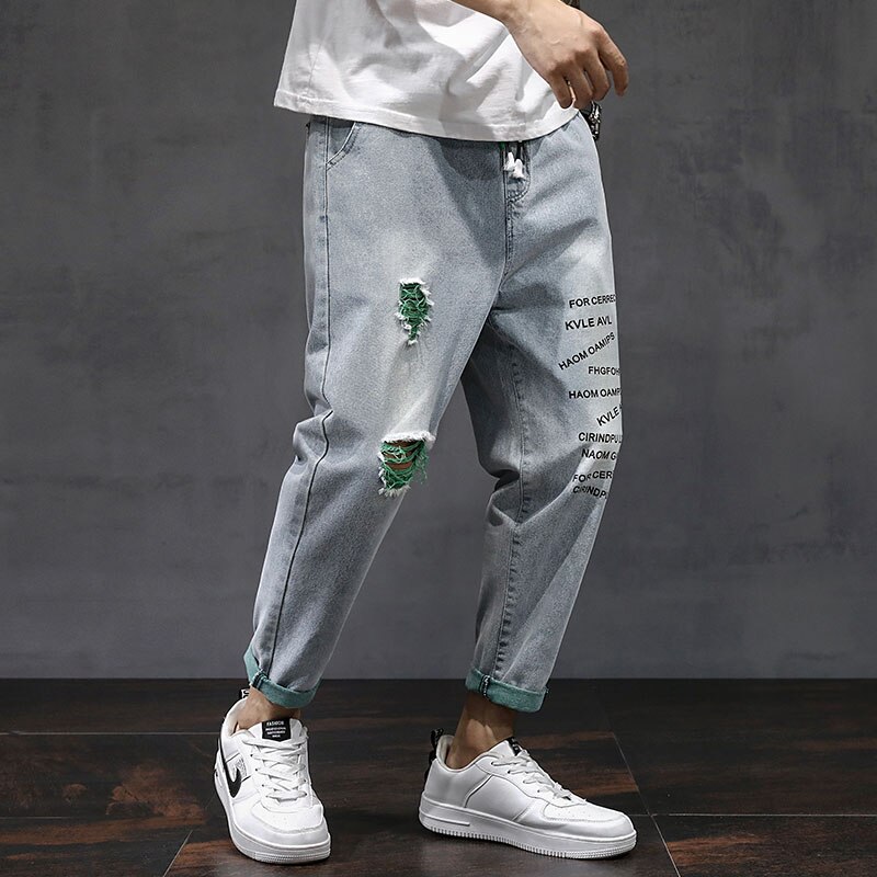 Pantalones vaqueros rectos rasgados para hombre, pantalones largos de , ropa de calle, pantalones bombachos ajustados, mallas recortadas verdes para hombre, otoño