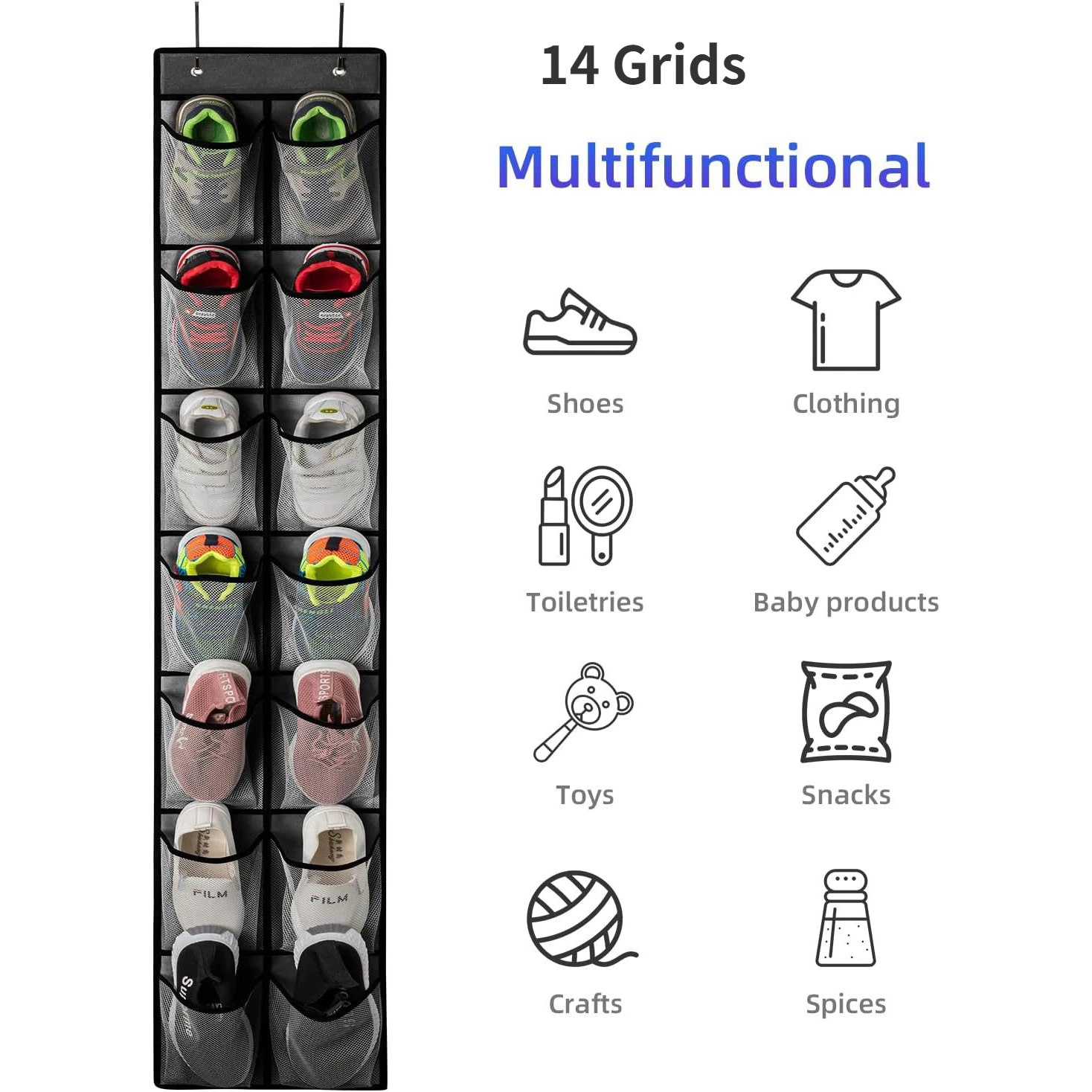 Zapatero colgante organizador sobre la puerta organizador de zapatos 12/14 bolsillos grandes de malla transpirable zapatillas organizador almacenamiento de zapatos: Transparente