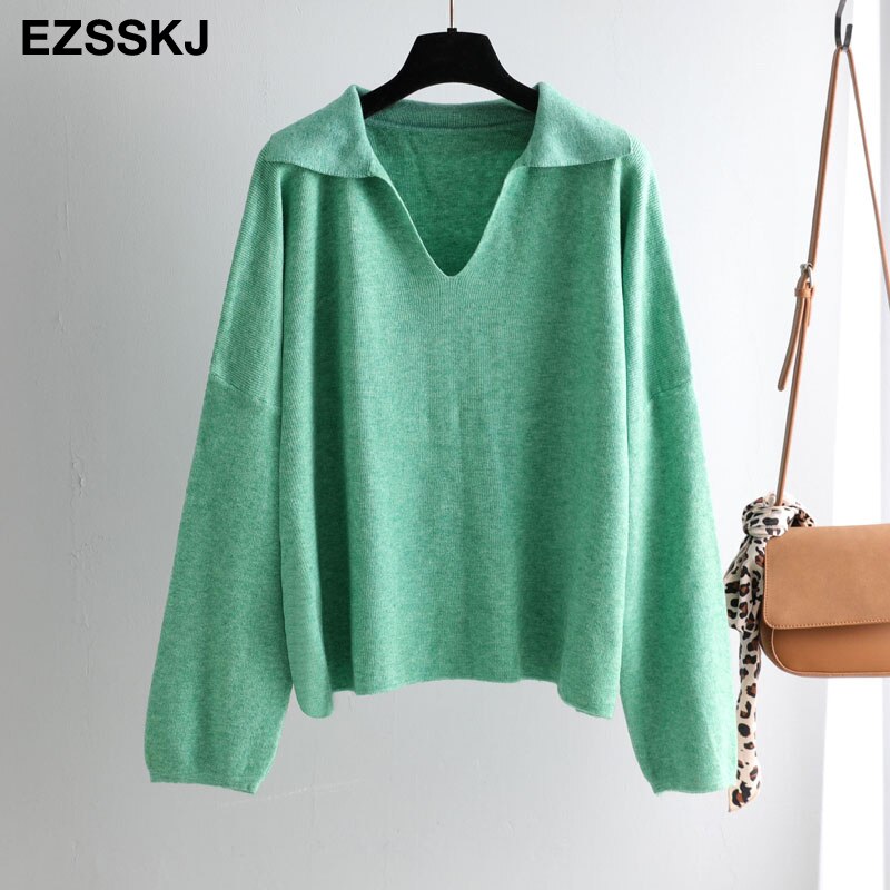 chic turn down collar oversize autumn winter Sweater Women Pullover Casual Long Sleeve loose Sweater Female Jumpers: Green