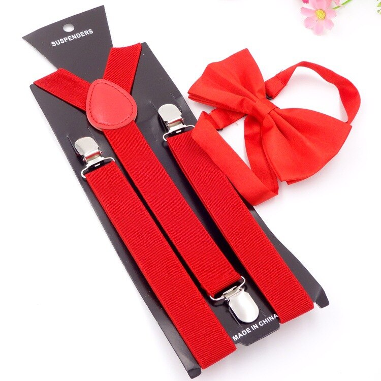 Effen Kleur Man Riem Bowtie Set Mannen Vrouwen Bretels Polyester Y-Back Bretels Twee Kleuren Strikje Verstelbare elastische: Rood