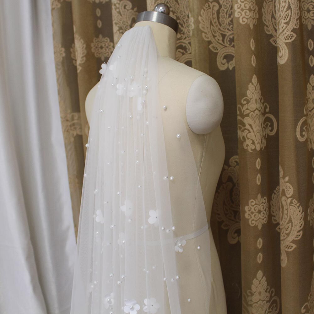Neue Perlen Hochzeit Schleier mit Blumen SchöNe Perle Braut Schleier Metall Kamm Eine Schicht Braut Schleier Hochzeit Zubehör