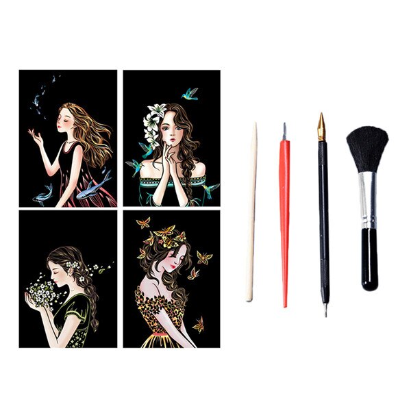 DIY Scratch Paper Combo Art Set 18 Rainbow Girls Flower Painting Scratch Cards & Scratch Drawing Pen Paint Set: 6