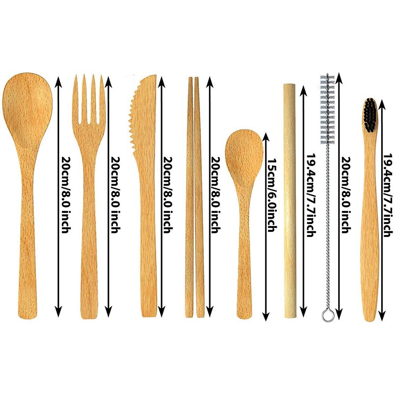 2-Pack Bamboe Gebruiksvoorwerpen Met Bonus 2 Bamboe Tandenborstels Bamboe Stro, Lepel, Vork, Mes, theelepel, Eetstokjes, Borstel En 2 Groene St