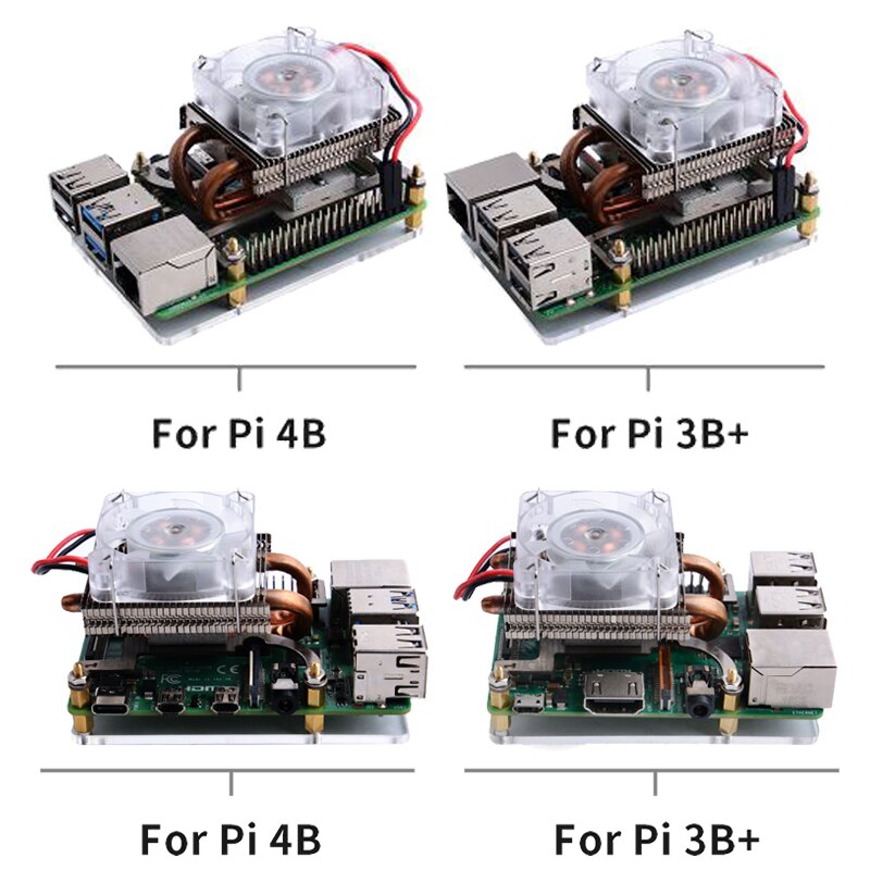 52pi torre de gelo raspberry pi 4b ventilador de refrigeração colorido rgb mudando luz cooler com acrílico caso para raspberry pi 4 b/3b +/3b