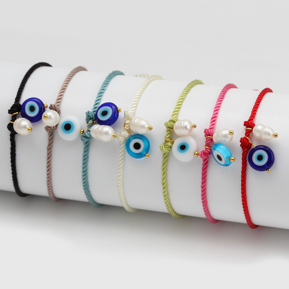 Pulsera de cuerda trenzada de ojo de la suerte, pulsera ajustable de cuentas de perlas de agua dulce de mal de ojo turco para mujeres y hombres, pulseras bijoux