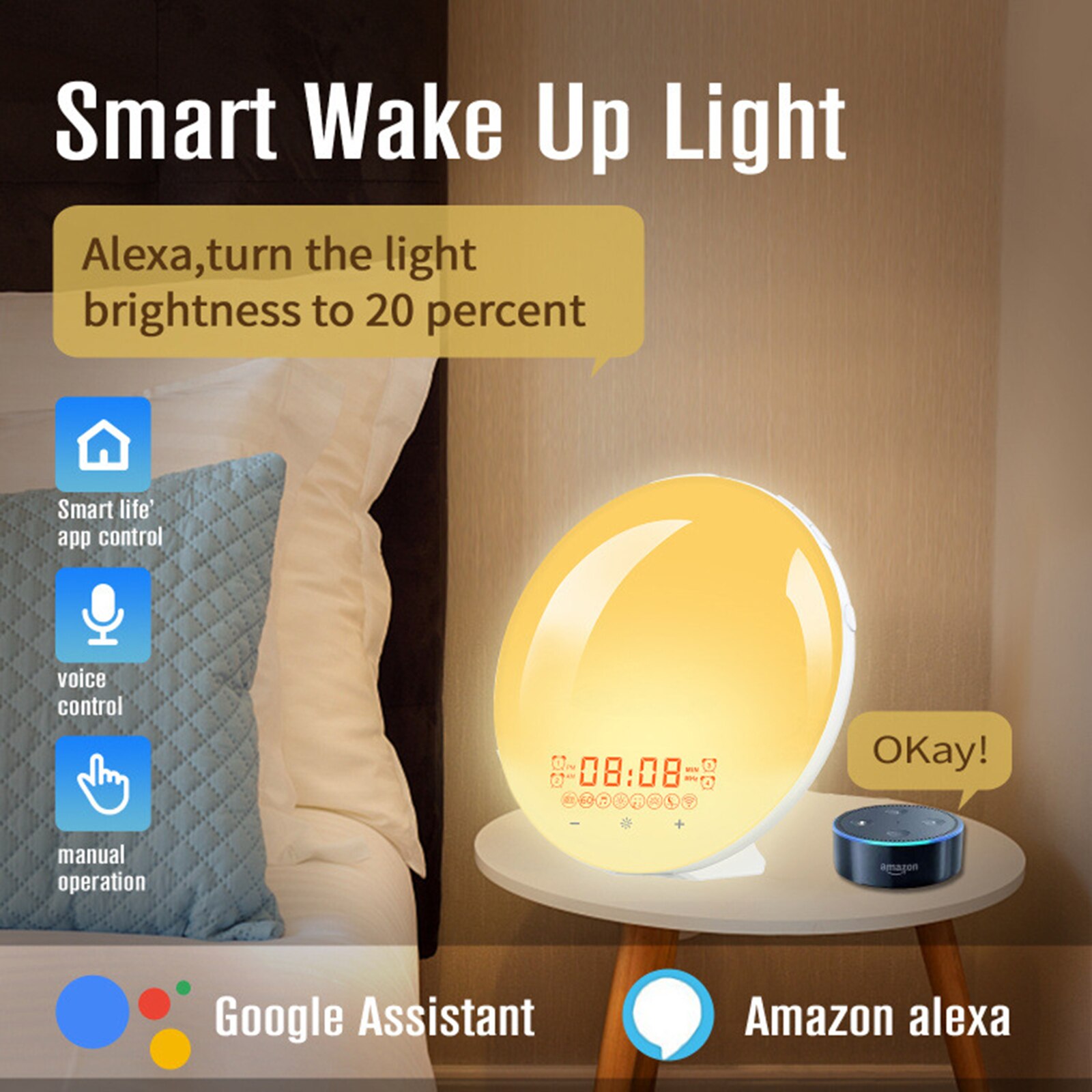 Wake Up Light Zonsopgang Simulatie Snooze Wekker Voor Volwassenen Kinderen 4 Alarm Keer Opties/9 Ringtones En fm Radio