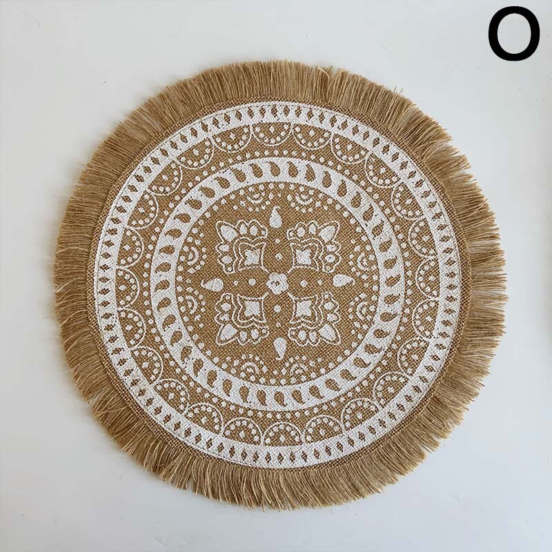 Prachtige Geweven Jute Katoen Tafel Mat Bohemian Stijl Afdrukken Placemat Ronde Voedsel Pad Dining Servies Coaster Keuken Decor: O
