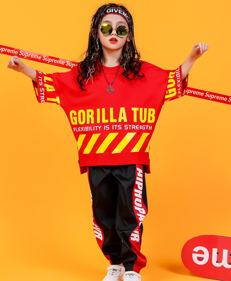 Niños y Niñas Ropa de Primavera de de de verano ropa para niña suelta de Hip-hop actuación de Street Dance traje: 120 / red black
