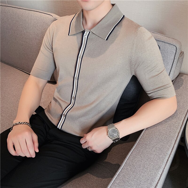 POLO de punto de manga corta para hombre, cárdigan ajustado de tendencia británica, con solapa de contraste de Color, informal de negocios, de verano: gray / XL     59 to 65kg