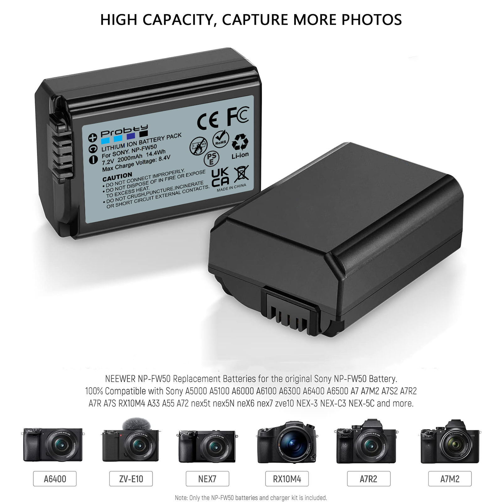 Bateria para Sony, NP-FW50, NP FW50, ZV-E10, A6000, A6400, A6300, A6500, A7, A7II, A7RII, A7SII, A7S, A7S2, A7R, 2000mAh