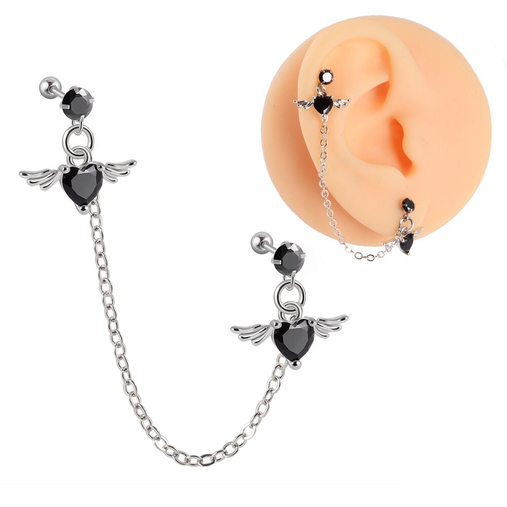 1Pc Chirurgisch Staal Cz Gem Oor Tragus Kraakbeen Piercing Zirkoon Dangle Chain Earring Conch Oor Stud Helix Piercing Body sieraden: 1PC Black Wing