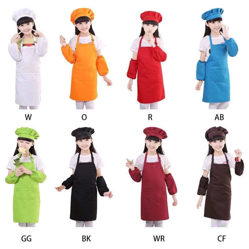 3Pcs/Set Kids Chef Hat Apron Sleeve Covers Set Boys Girls Adjustable Kitchen Bib with 2 Large Pockets for Cooking Baking Wear