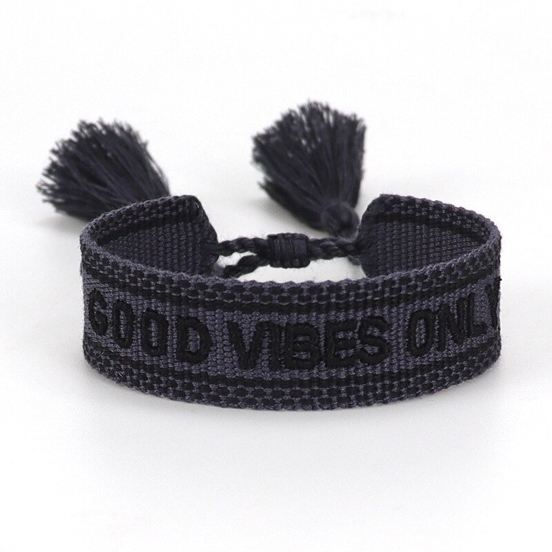 Hand Geborduurde Pols Band Kwastje Brief Vibes Gevlochten Armband Vrouwen Sieraden Goede: Black