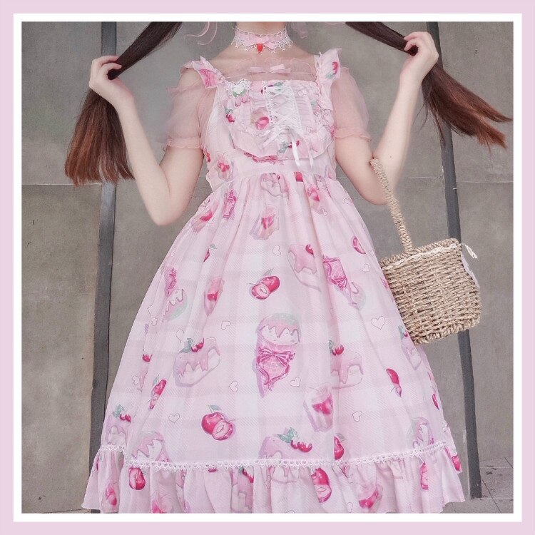 Vestido Kawaii de estilo japonés Jsk Lolita, dulce cereza, postre, lolita, vestido de diario sin mangas, vestido suave para niña: Rosa