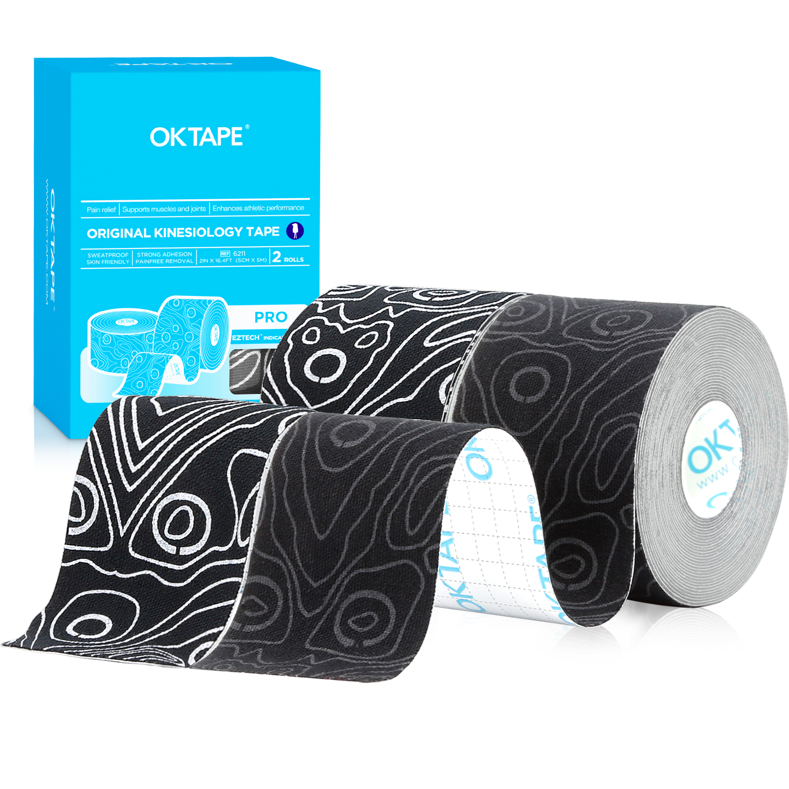 2 Rollen OK Band Profi Kinesiologie-Band, neue Verpackung, 5 cm x 16 Fuß, frei geschnittenes Klebeband, aktualisiertes elastisches Sportband, therapeutisches latexfrei: Schwarz