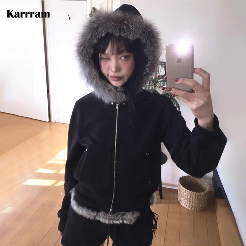 Karrram Japanese Y2k Fur Coat Women Vintage Korean Style Black Hooded Jacket Grunge Aesthetics Fur Collar Zipper Coat Thin 00s: M / Beige