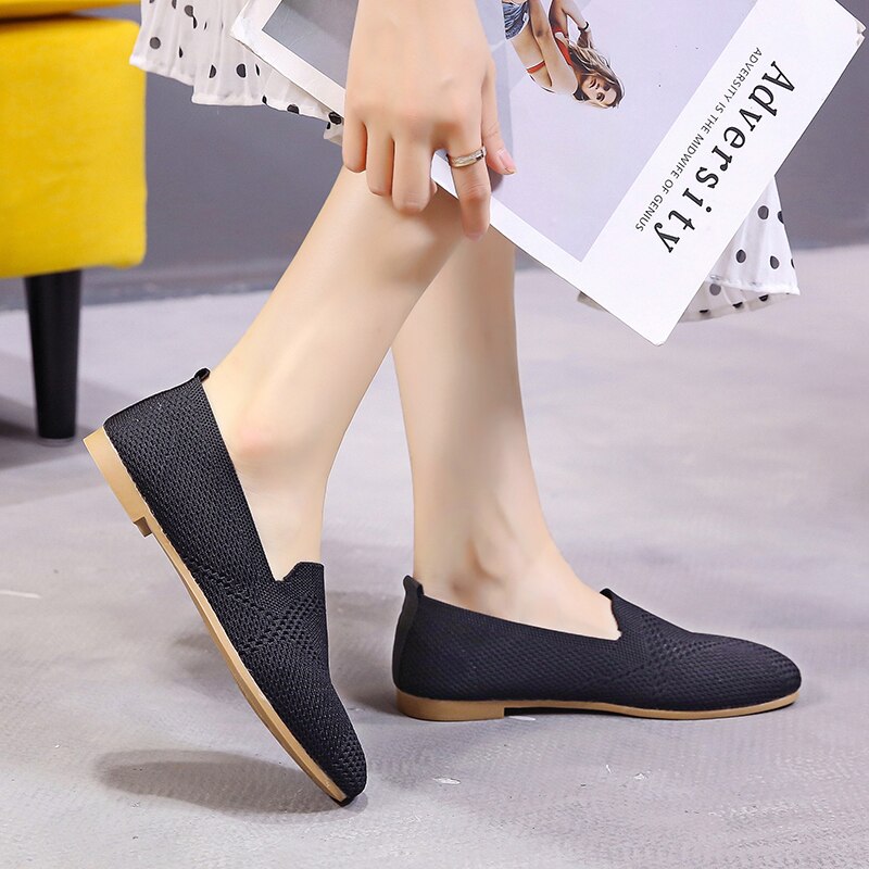 Chaussures coréennes à tricoter chaussures plates doux bout carré bouche peu profonde ballerines femme décontracté femme baskets dames chaussures Modis Ba