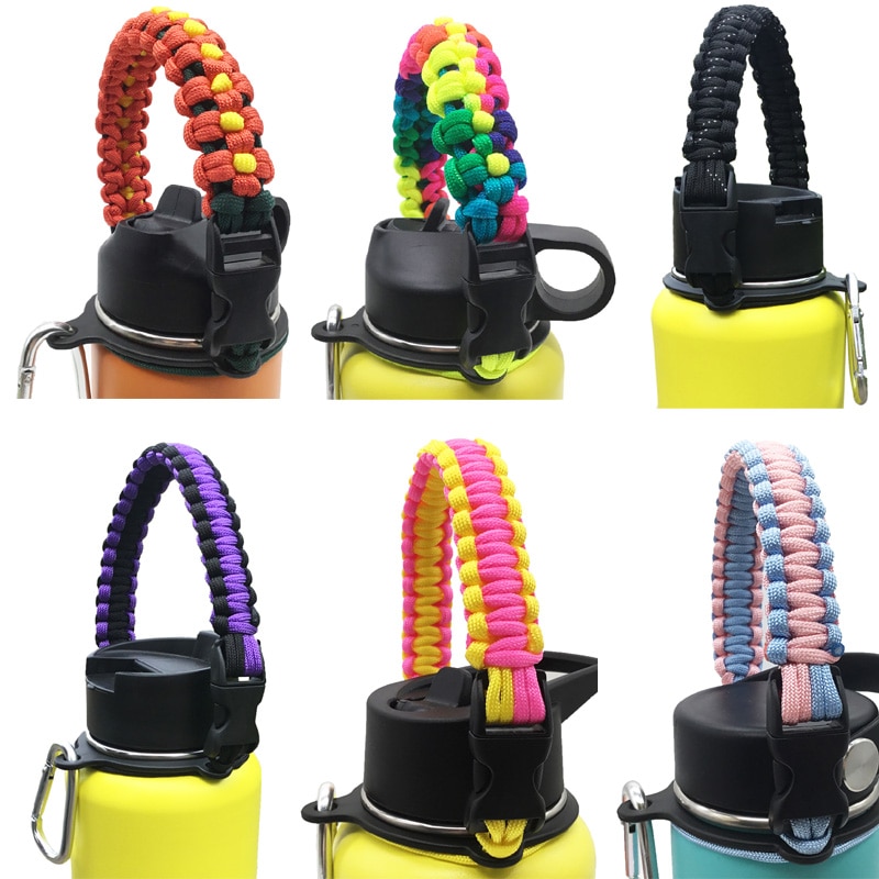 Paracord Handle Strap Cord with Safety Ring and Carabiner for Hydro Flask Wide Mouth Water Bottle for Hiking Camping Walking