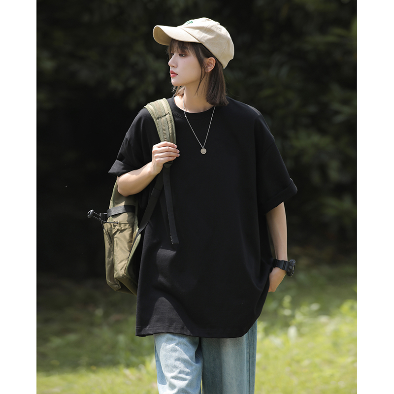 Camiseta informal de algodón puro de gran tamaño para mujer, ropa de calle japonesa de talla grande 5XL, camiseta de manga corta de Color sólido a la: M / Negro