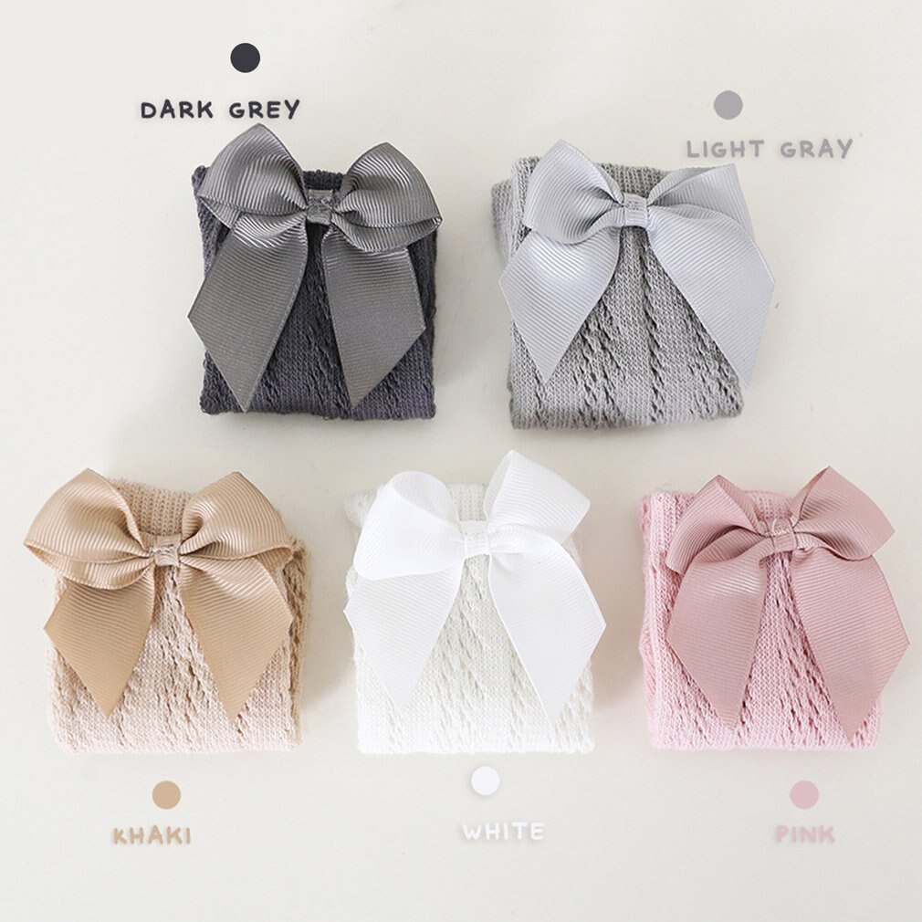 Peúgas infantis com arco crianças verão meninas joelho longo meias altas algodão macio oco para fora crianças malha princesa meias para 0-2 anos