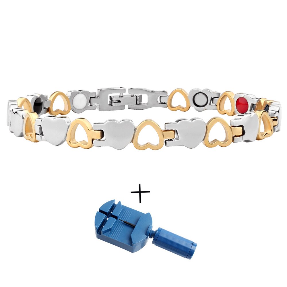 FINE4U B382 zdrowa bransoletka energetyczna Hearted Design stal nierdzewna opieka zdrowotna magnetyczna złota bransoletka łańcuch ręczny dla kobiet: Gold Steel2