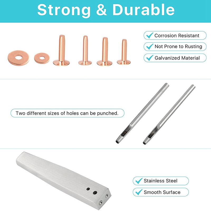 43Pcs Koperen Klinknagels En Bramen, 4 Maten Koperen Klinknagel En Bramen Assortiment Kit, voor Riemen Portefeuilles Halsbanden Leer Werken