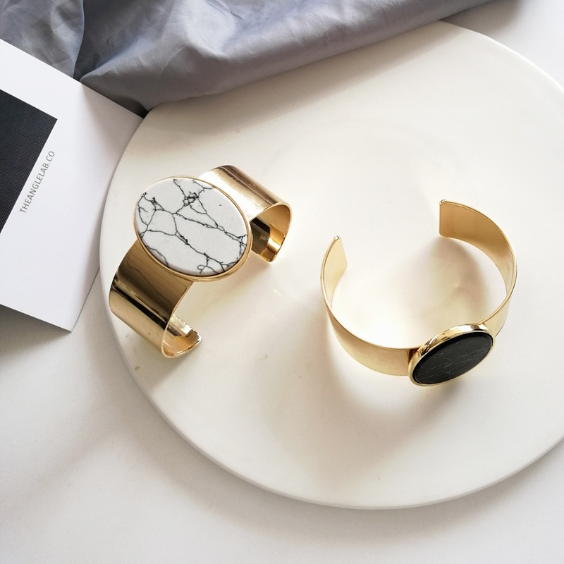 Jewelry Cuff Shiny Golden Plating Wide Metal Cuff With White Black Composite Stone Bracelet Women Jewelry Party