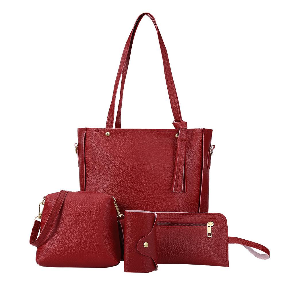 Set Bags For Women Four-Piece Shoulder Bag Women Messenger Bag Leather Wallet Women Purses And Handbag 4 Pcs: Red