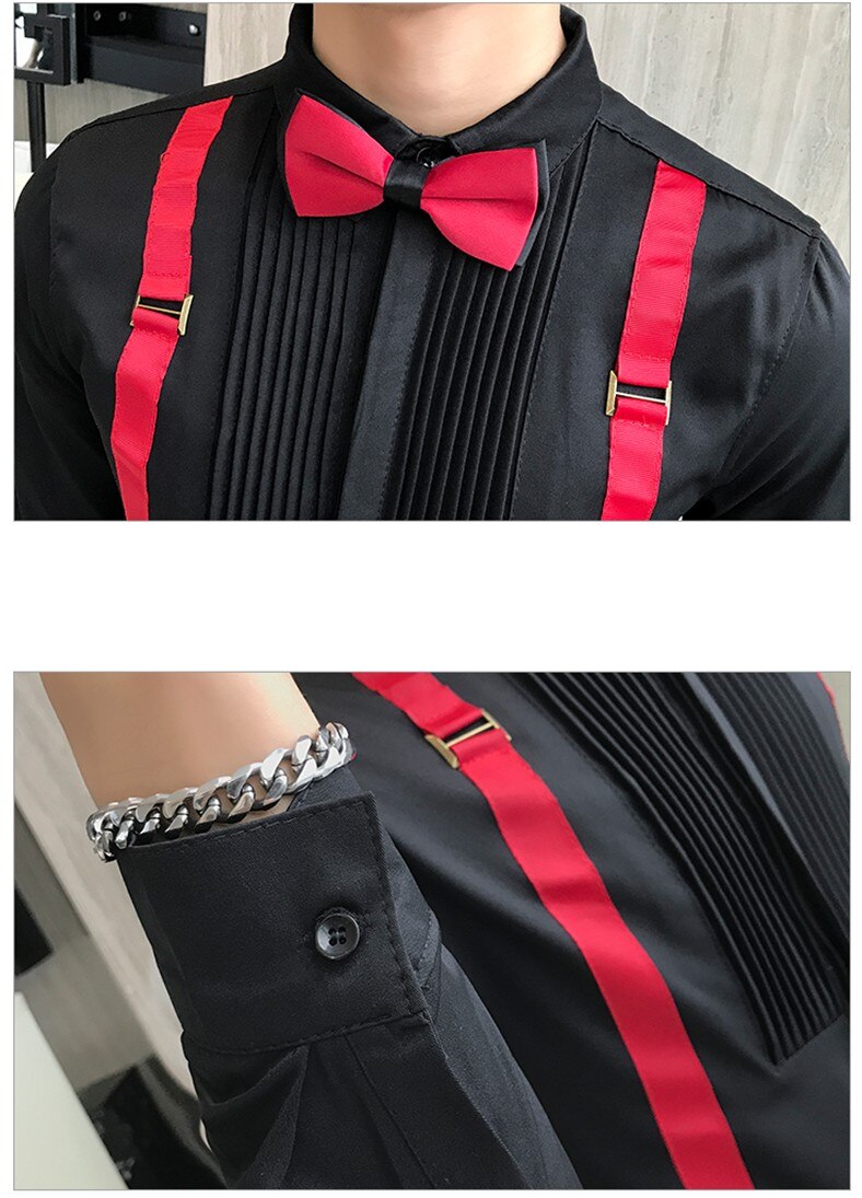 Camisa de esmoquin para hombre, camisa con lazo en el pecho plisado con correa, manga larga, vestido de ajustado, blusa negra