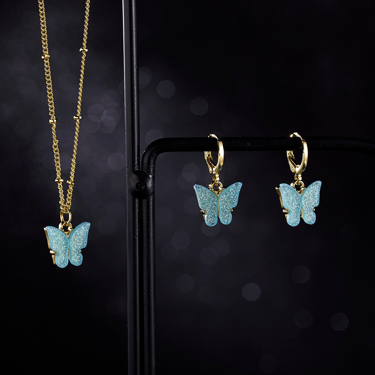 Ensemble de bijoux pendentif papillon en acrylique, scintillant, adorable ensemble de boucles d'oreilles et collier, de Style japonais et sud-coréen