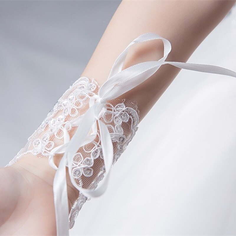 Guantes de Boda sin dedos, rojos y blancos, encaje con cuentas para accesorios de boda para novia puesta en escena
