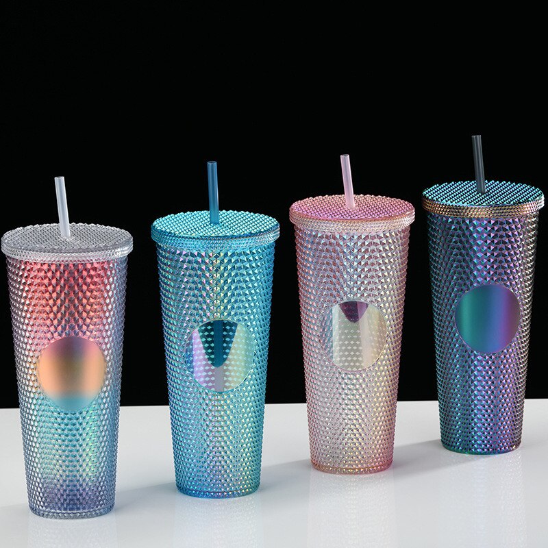 710ml Kaffee Tasse Sommer Kalten Wasser Becher Becher Tasse Mit Stroh Doppel Schicht Kunststoff Durian Diamant Strahlende Göttin tassen