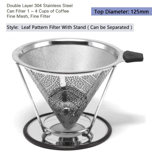 Reusable Coffee Filter Stainless Steel Double Layer Mesh Basket Brewing Coffee Holder Cone Funnel Dripper Coffee Making Tools: Leaf Pattern Filter