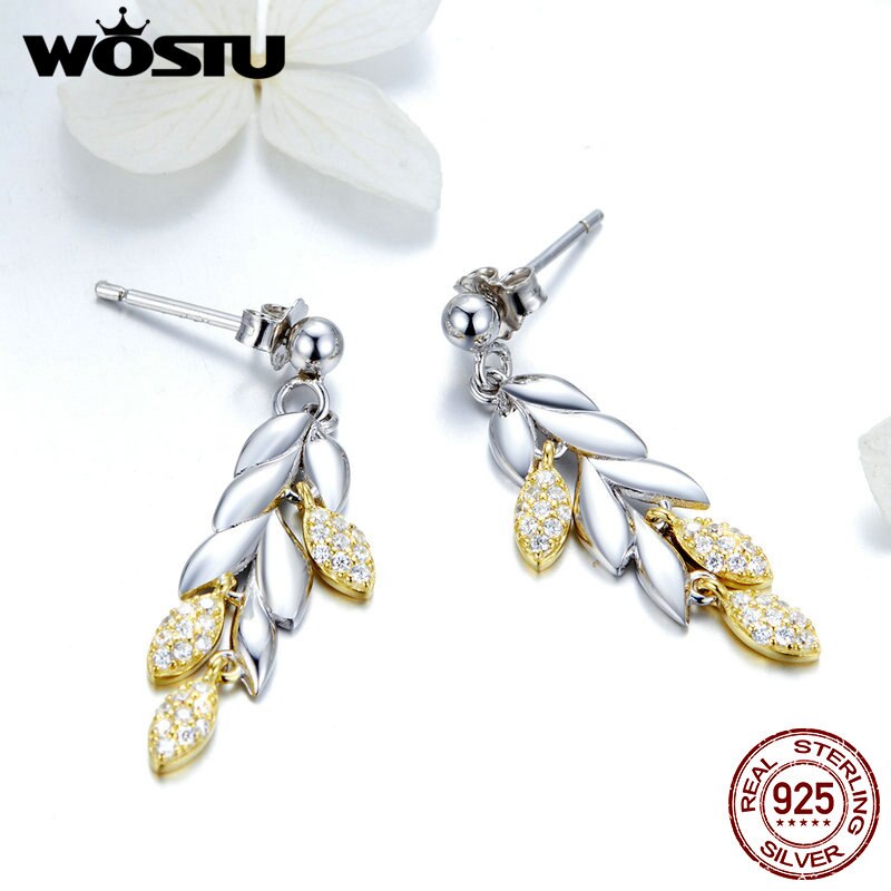 Wostu Oorbel Sterling 925 Zilver Goud Tarwe Oorbellen Zirkoon Dangle Zilveren Oorbellen Voor Vrouwen Mode-sieraden CTE025