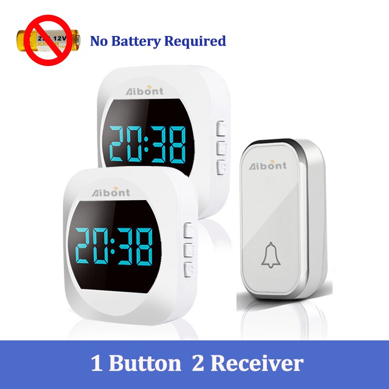 Sonnette de porte automatique sans fil, sans batterie, Kit étanche, portée 150M, 38 chansons: 1 Button 2Receiver B / Prise de l’UE